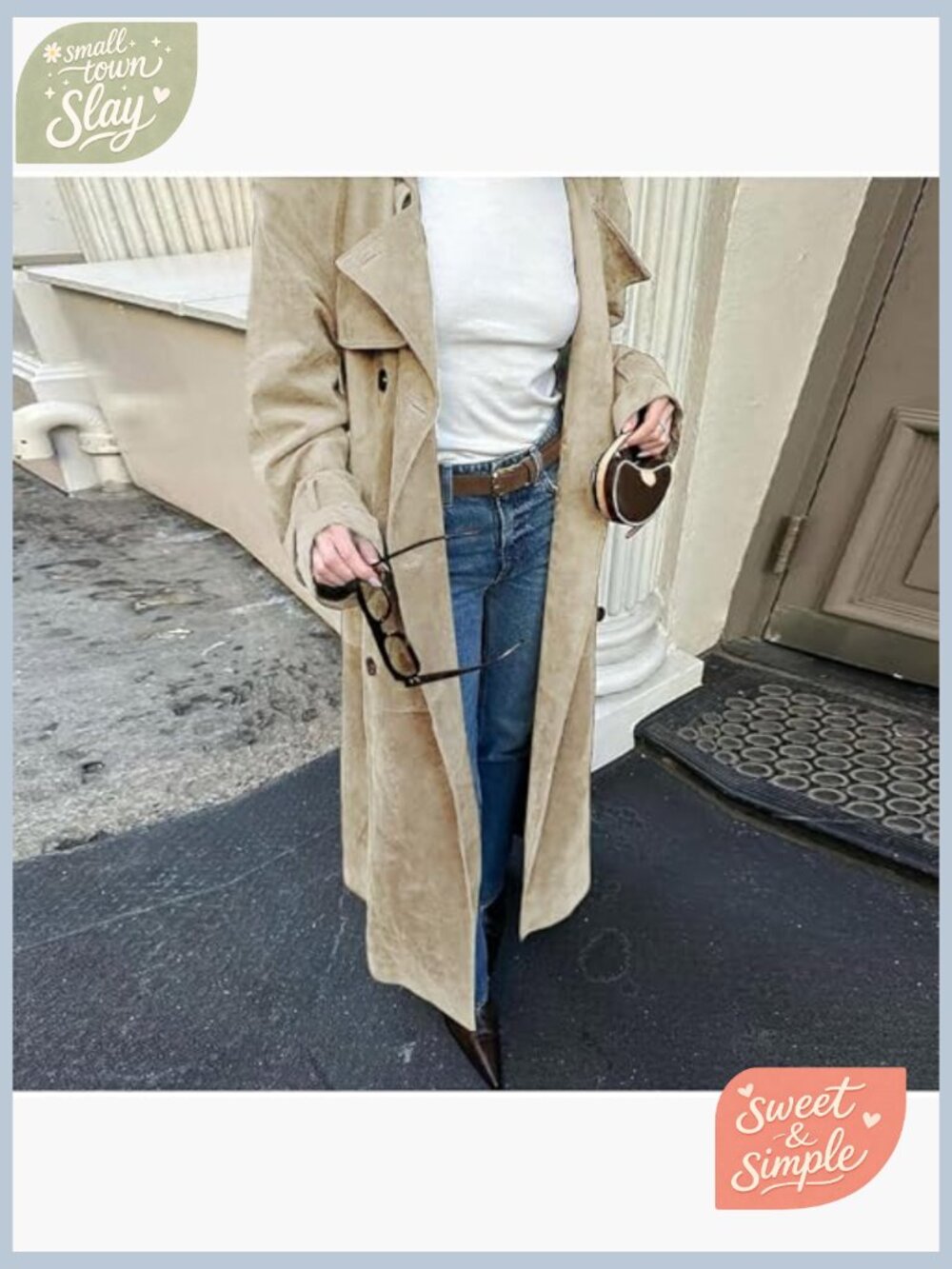 Faux Suede Long Trench Coat Notched Lapel Double Breasted Pea Coat Overcoat w - Picture 2 of 7